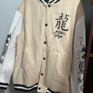 Beige and White Varsity Jacket with Dragon Design